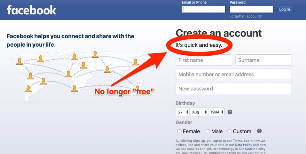 Facebook удалила слоган «Это бесплатно и всегда будет»