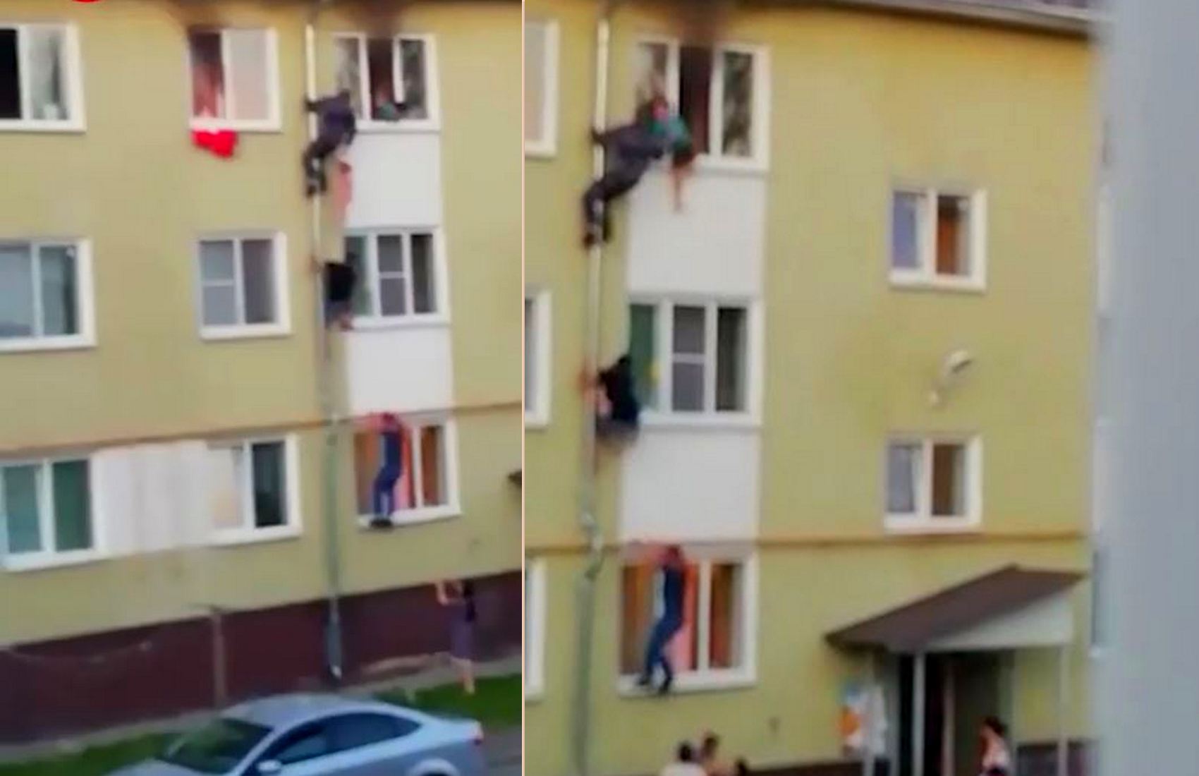 Соседи по водосточной трубе залезли на третий этаж, чтобы спасти детей из горящей квартиры (видео)